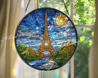 Eiffel Tower Suncatcher: Paris Starry Sky Stained Glass Window Decor