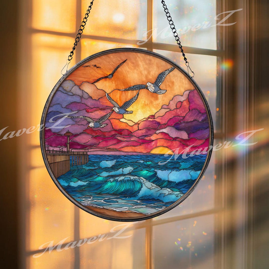 Seagull Stained Glass Suncatcher, Round Ocean Sunset Window Panel