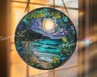 Moonlit Beach Glass Suncatcher: Coastal Night Landscape Window Art