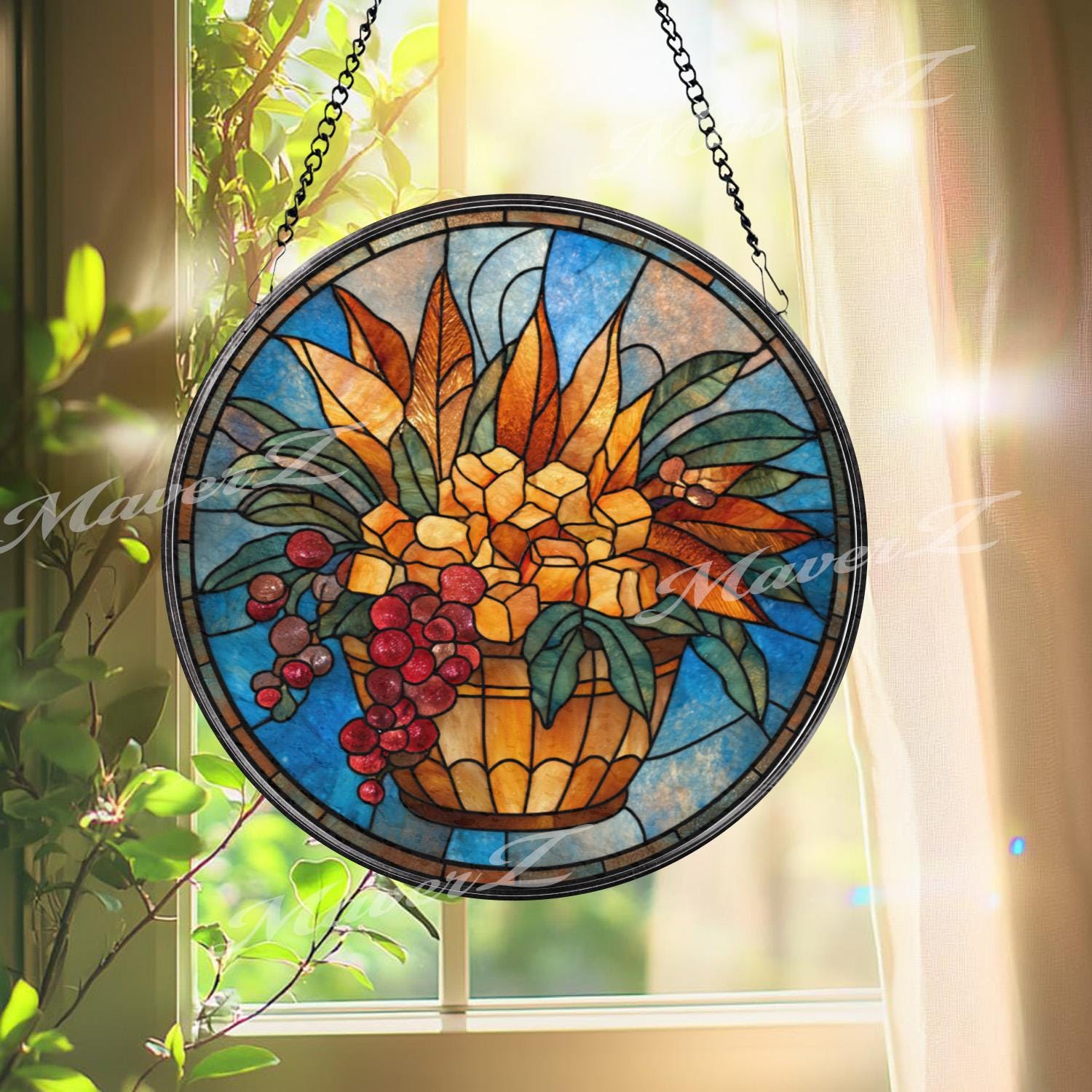 Autumn Harvest Stained Glass Suncatcher, Round Basket With Golden