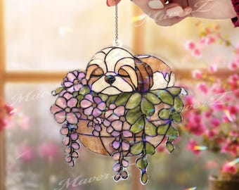 Atrapasol acrílico de Shih Tzu durmiendo, cachorro Shih Tzu en maceta colgante, decoración para ventana, atrapasol estilo vitral para perro.
