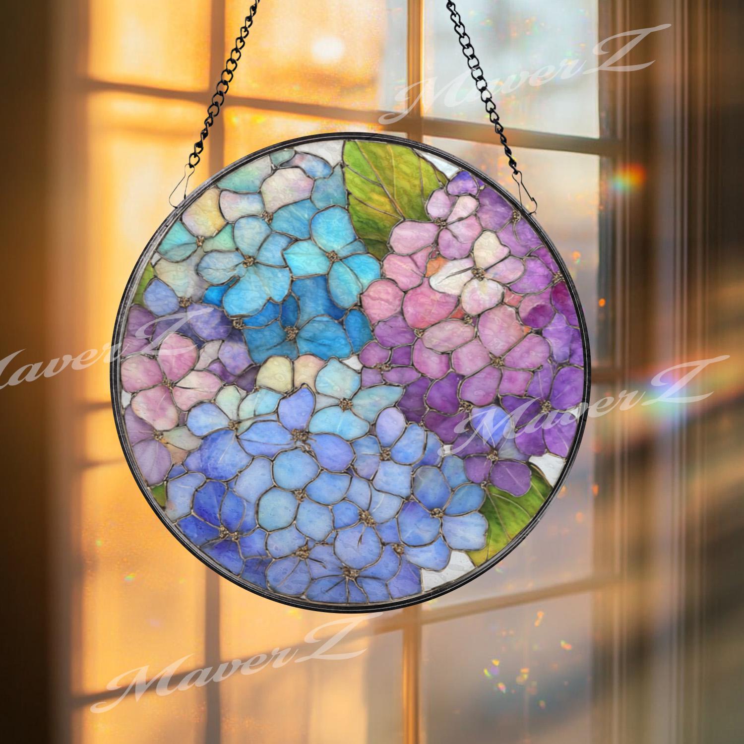 Hydrangea Stained Glass Suncatcher, Round Blue Purple Floral