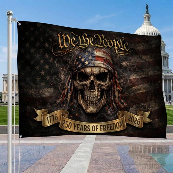 We The People 1776–2026 Flag, Patriotic Skull 250 Years House Flag, American Freedom Banner, Gothic USA Flag, Patriotic Outdoor Decor