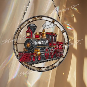 May include: Stained glass train window hanging. The train is red, black, and gold, with white smoke. The train is set inside a circular frame with a chain for hanging.