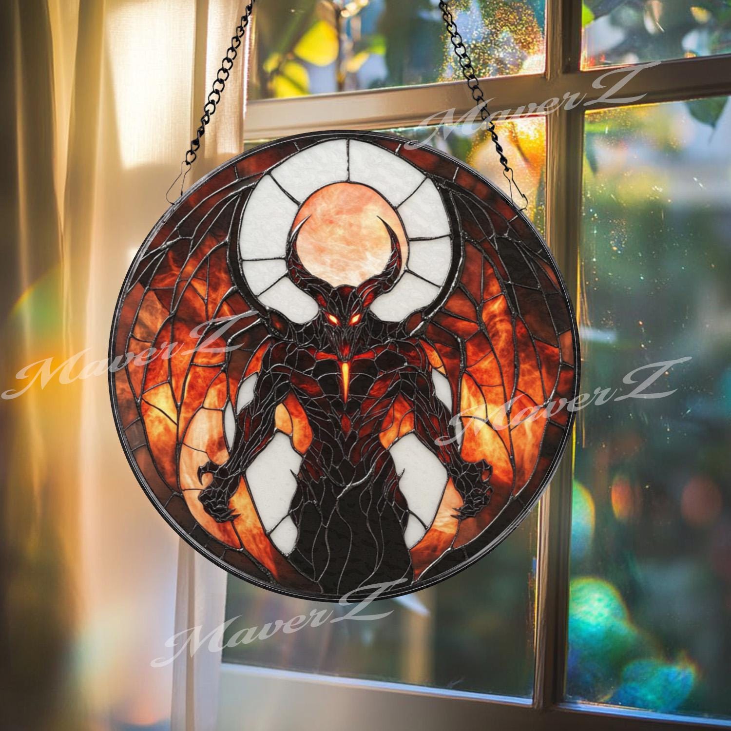 Inferno Demon Stained Glass Suncatcher, Dark Fantasy Window