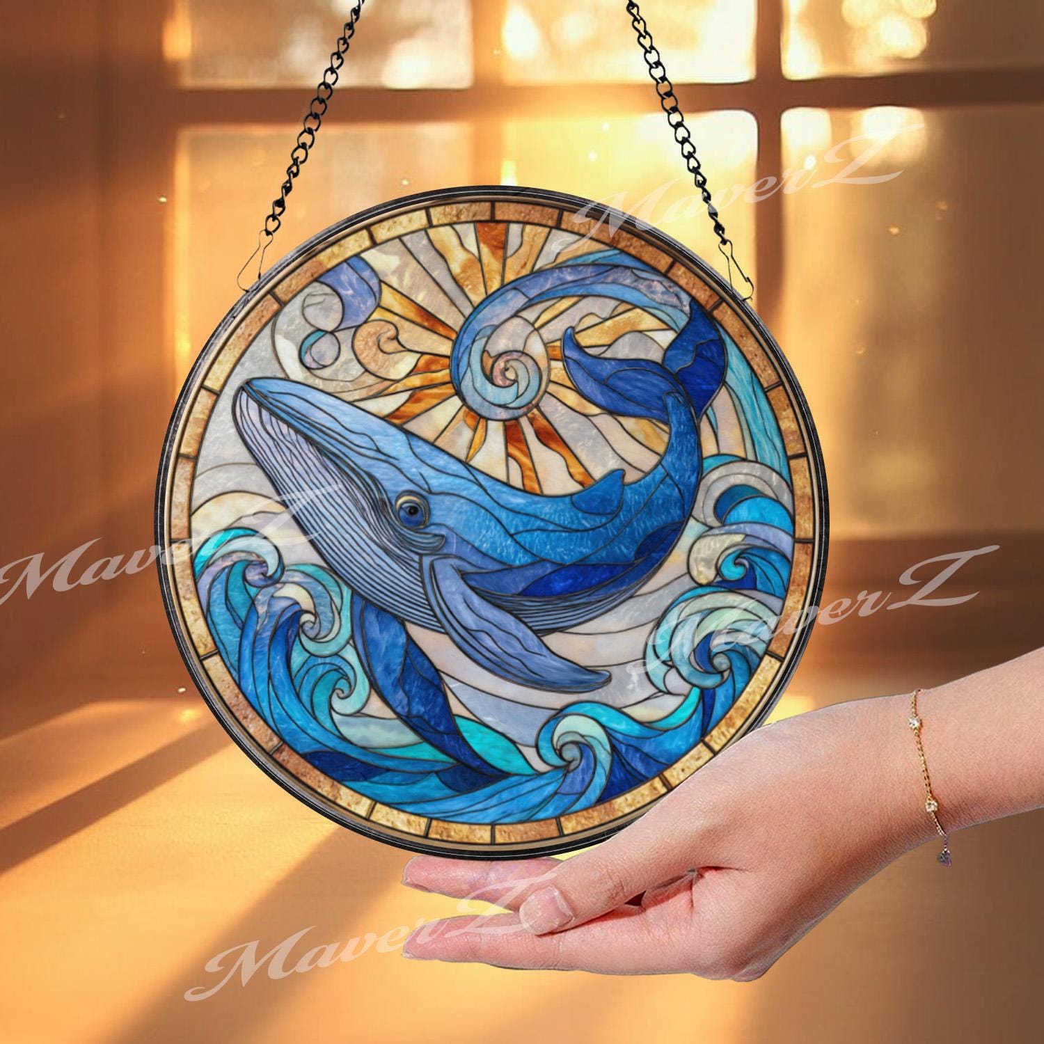 Blue Whale Stained Glass Suncatcher, Round Ocean Waves and Sun