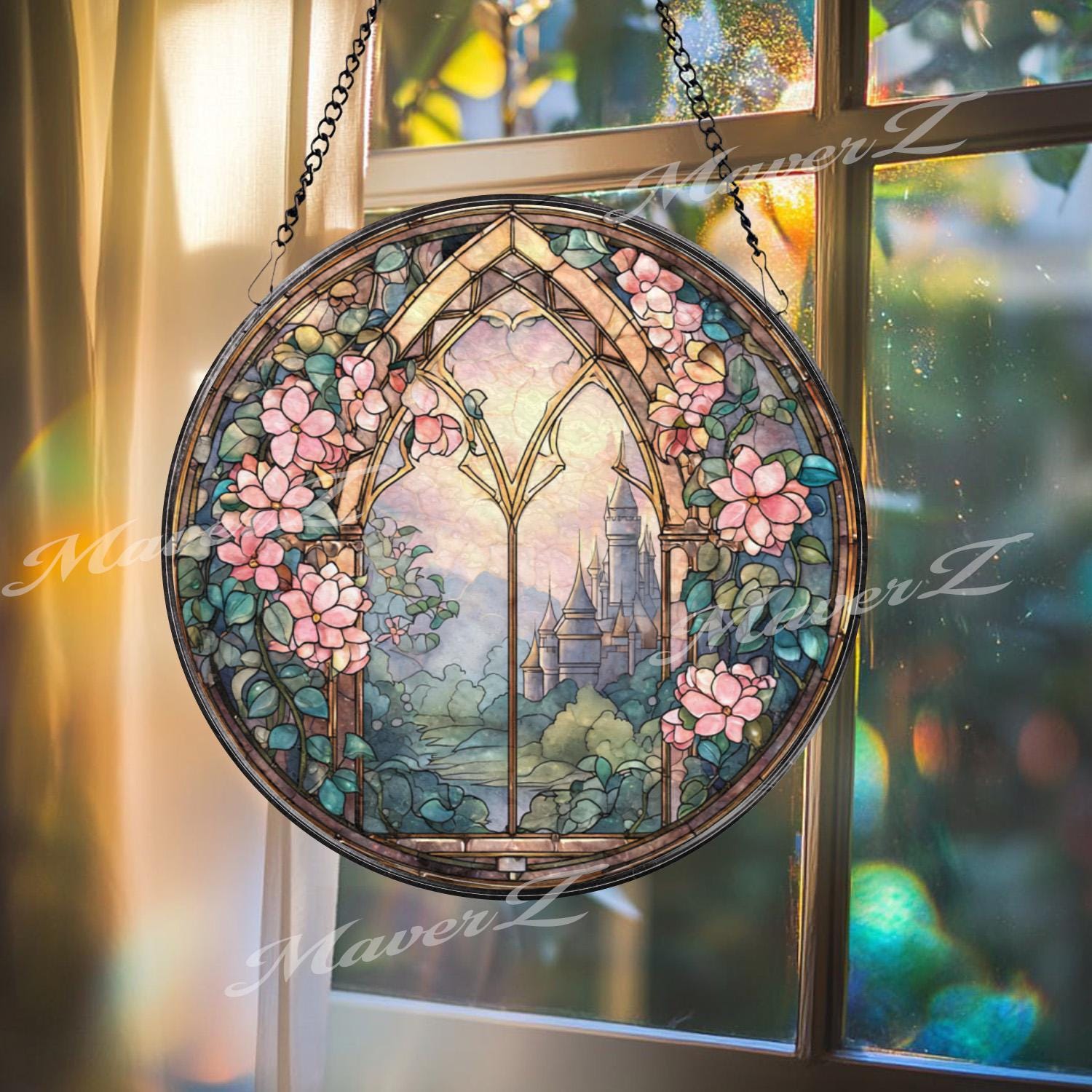 Stained Glass Art Divine Light カメルーン銀貨 Castle Window Stained Glass Suncatcher – Round Floral Fantasy