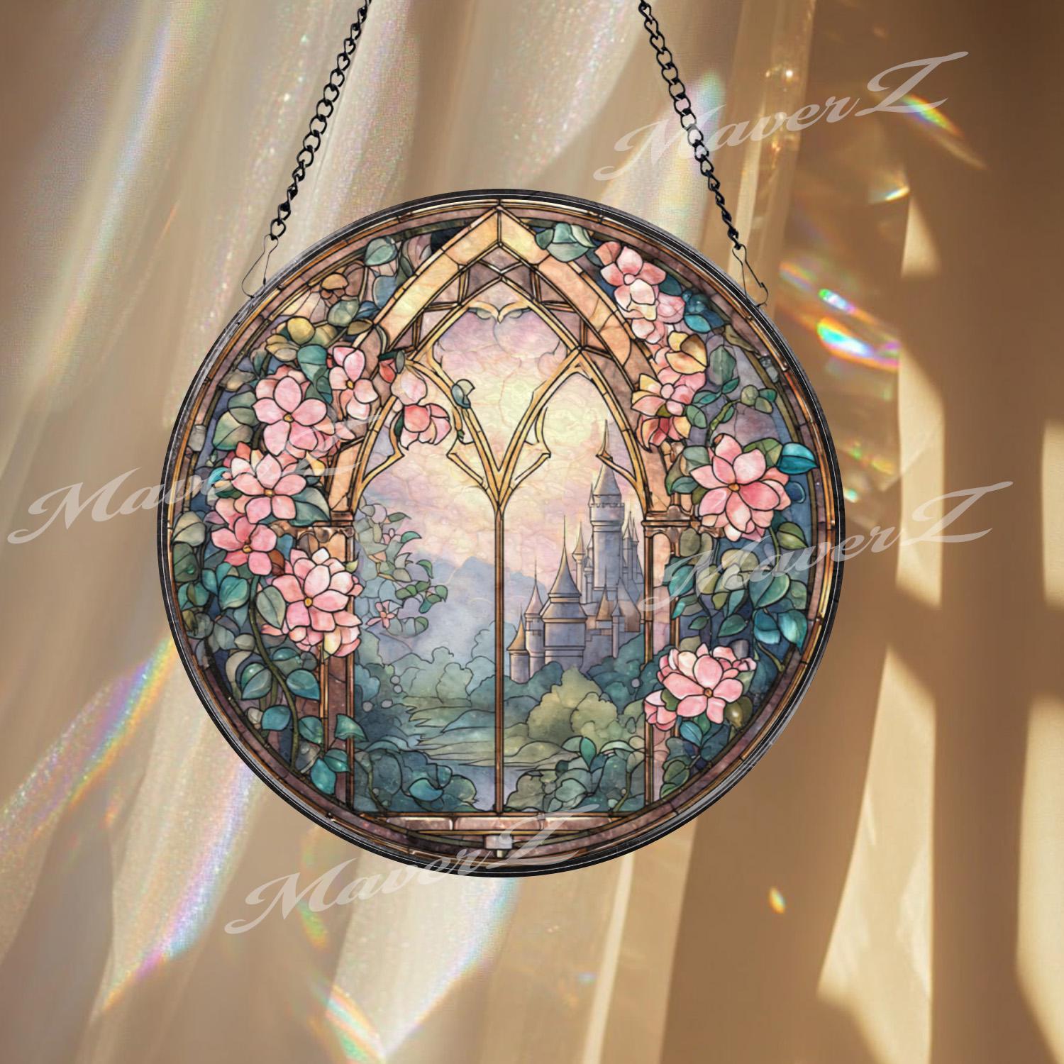 Castle Window Stained Glass Suncatcher – Round Floral Fantasy