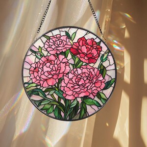 Pink Carnation Stained Glass Suncatcher, Round Floral Window Hanging, Mother’s Day Gift, Elegant Garden Panel for Flower Lovers
