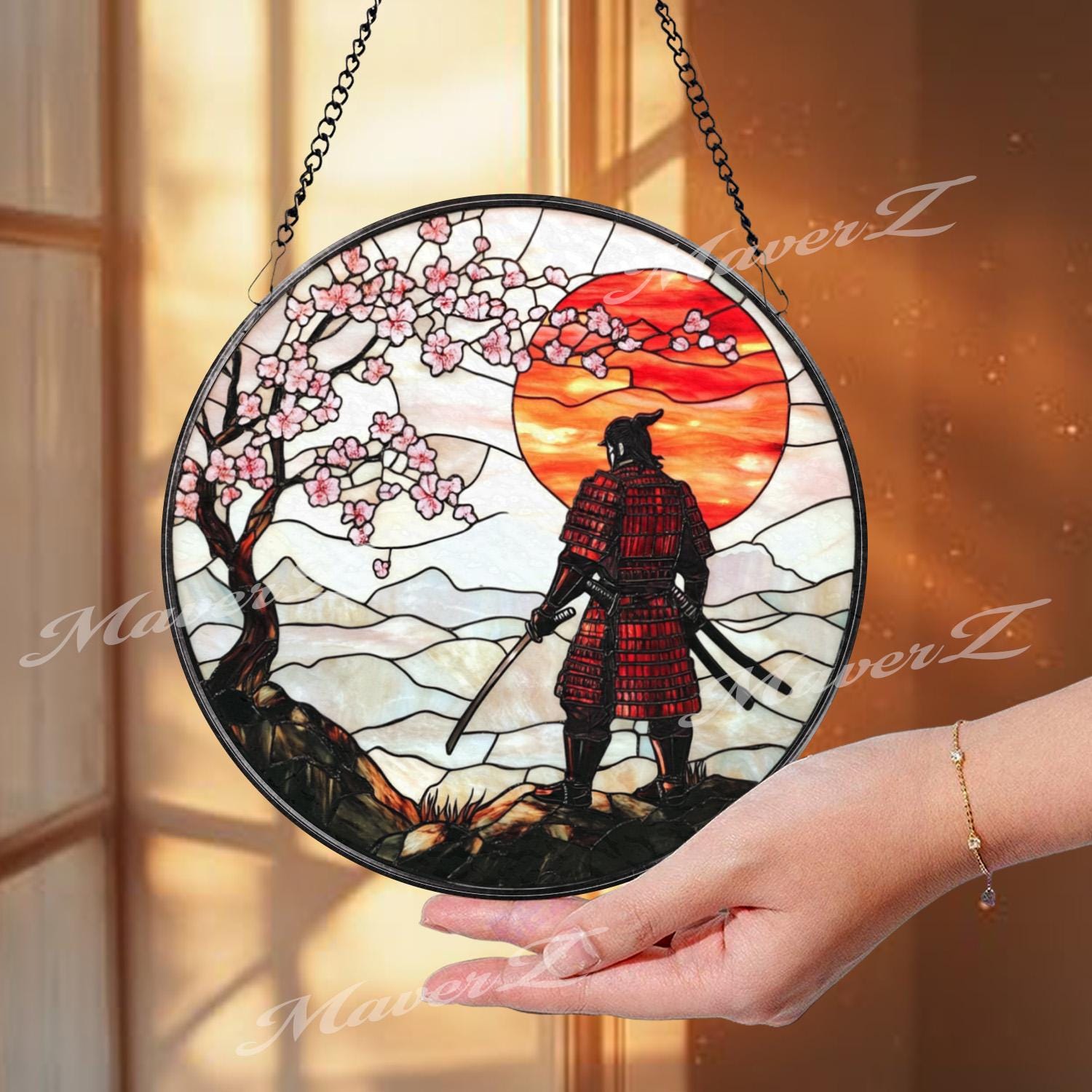 Samurai Suncatcher: Stained Glass Window Art With Cherry Blossoms