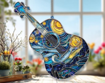Sternenklare Nacht Gitarre Acryl Suncatcher, Van Gogh inspirierte Musik Fenster Dekor, Blau Gelb Glasmalerei Stil Kunst Geschenk für Musikliebhaber