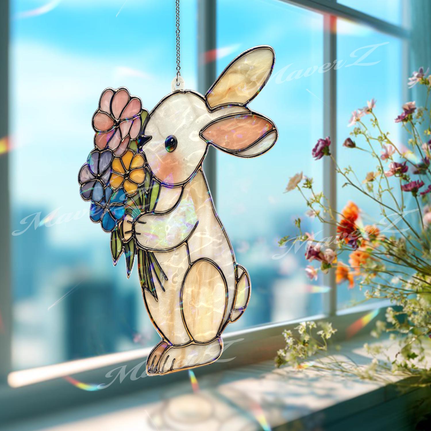 Bunny Acrylic Suncatcher, Cute Rabbit Window Hanging With Flowers ...