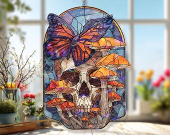 Skull and Butterfly Acrylic Suncatcher, Gothic Stained Glass Style Panel with Mushrooms, Dark Fantasy Window Hanging Home Décor