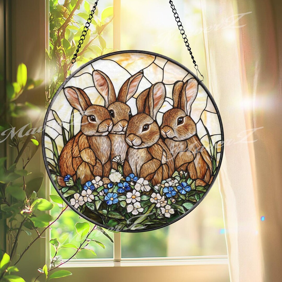 Stained Glass Spring Rabbit Four Bunny Rabbits Stained Glass Suncatcher, Cute Rabbit Family Window ...