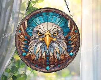 Eagle Head Stained Glass Suncatcher – Round Patriotic Window Hanging, Bald Eagle Decor, American Symbol Art Gift for Home