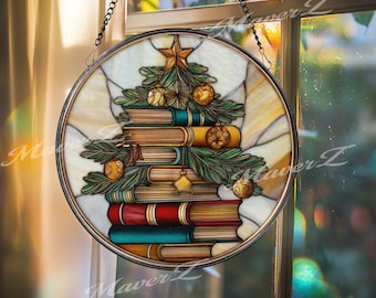 Christmas Book Tree Stained Glass Suncatcher: Festive Holiday Decor