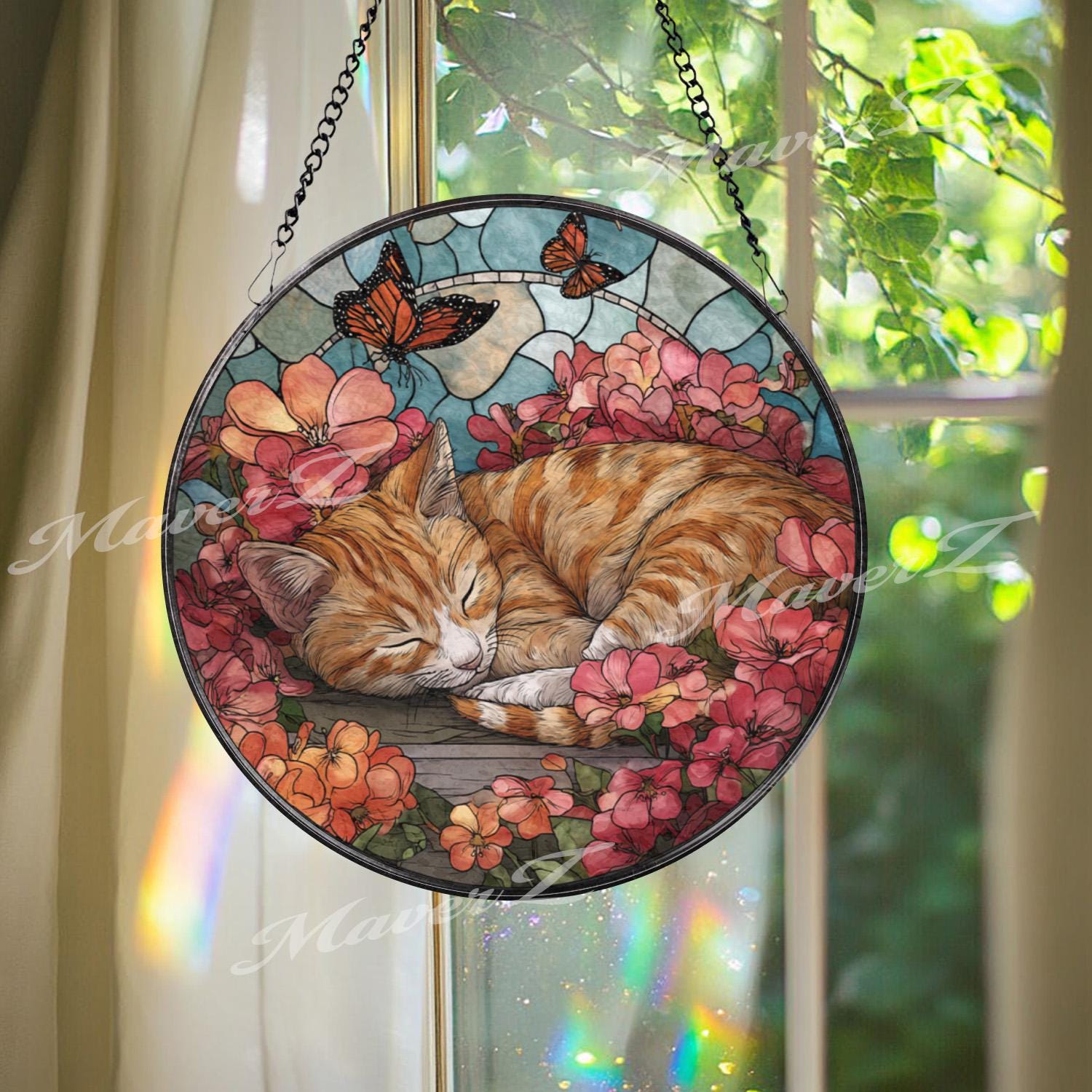 Sleeping Orange Cat Stained Glass Suncatcher, Floral Window Hanging ...