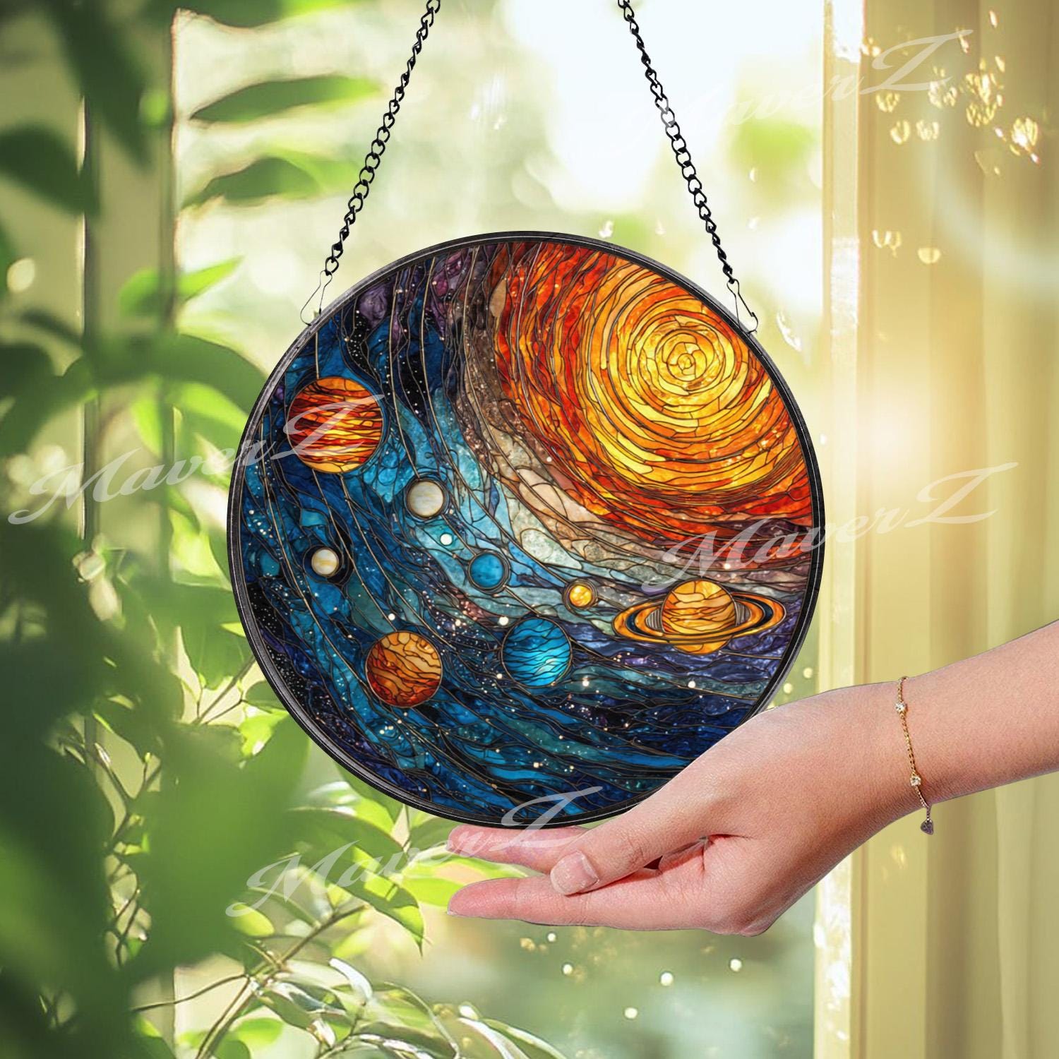 Galaxy Stained Glass Suncatcher: Planet Window Hanging, Cosmic