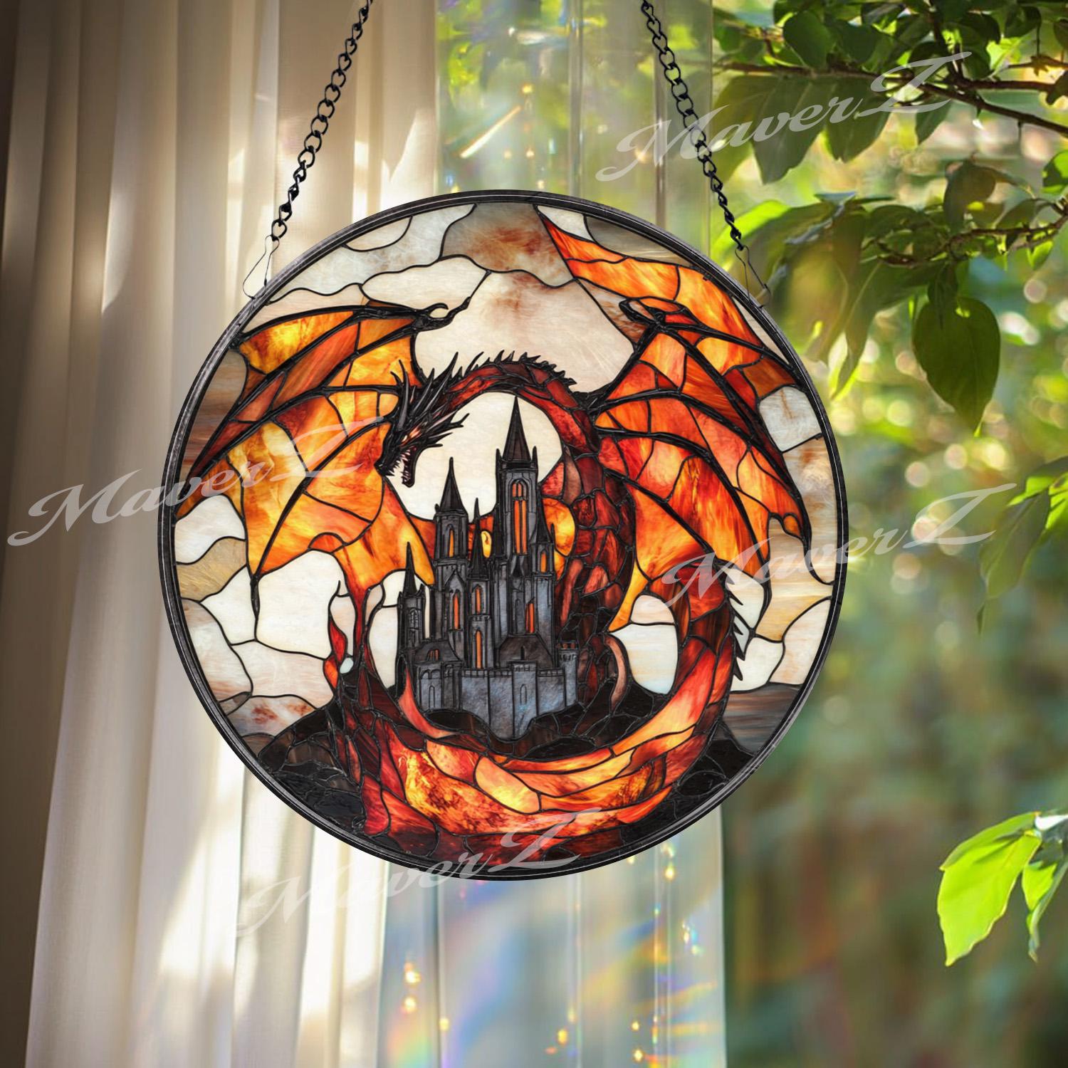 Fiery Dragon Stained Glass Suncatcher: Gothic Castle Window Decor