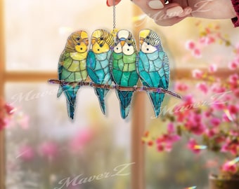 Colorful Parakeet Acrylic Suncatcher, Budgie Birds Window Hanging, Stained Glass Style Bird Sun Catcher Decor