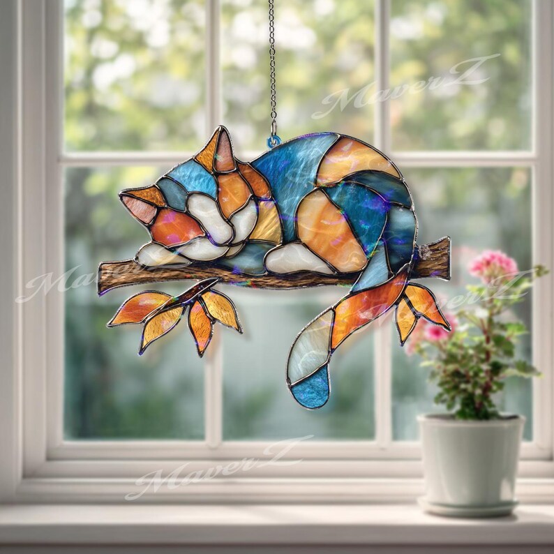 Sleeping Cat Acrylic Suncatcher, Stained Glass Style Cat Window Hanging ...