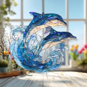 イルカのステンドグラスアートパネル - 海の波模様の円形窓掛け - Etsy