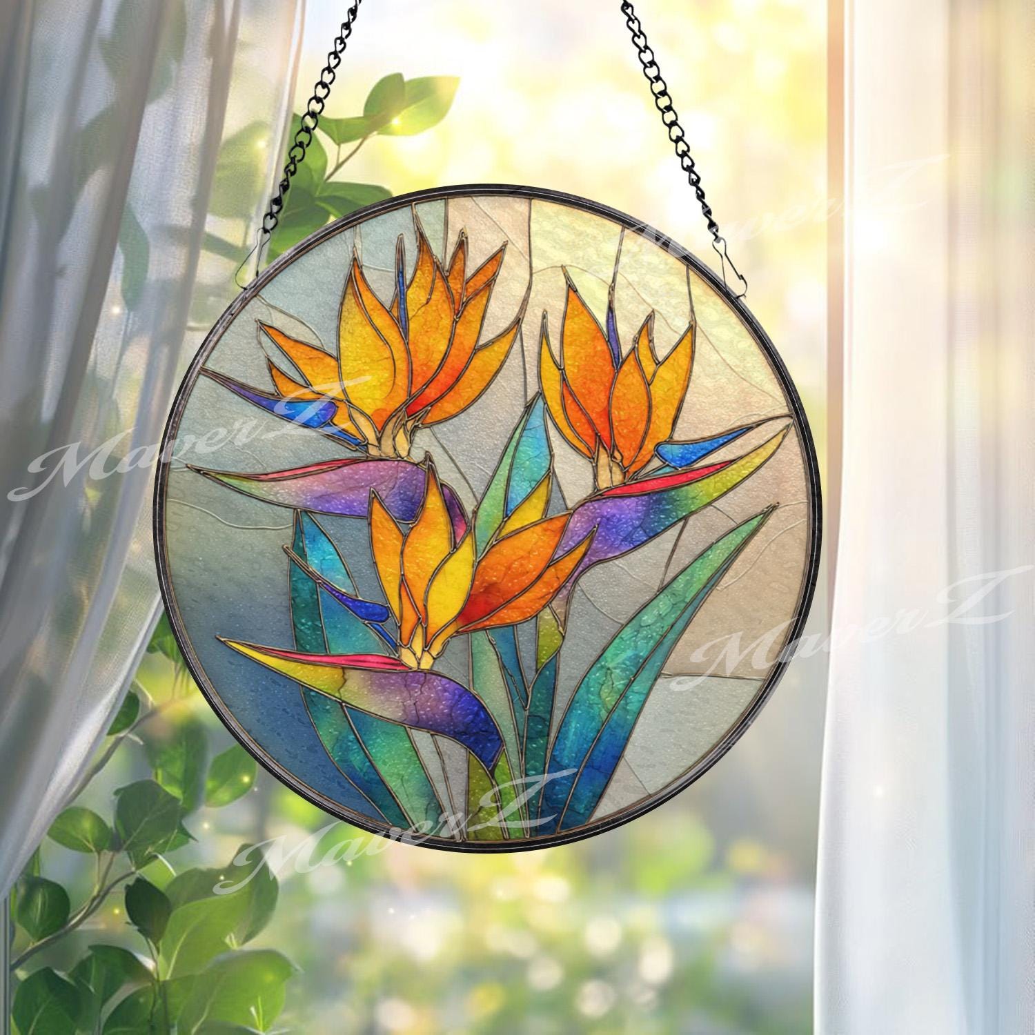 Bird of Paradise Stained Glass Suncatcher, Round Tropical Floral Window ...
