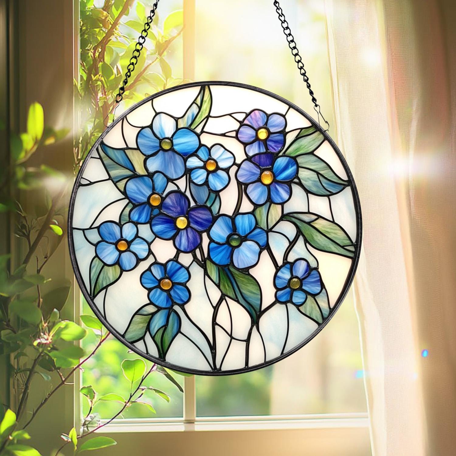 Forget-me-not Stained Glass Suncatcher, Blue Floral Window Hanging
