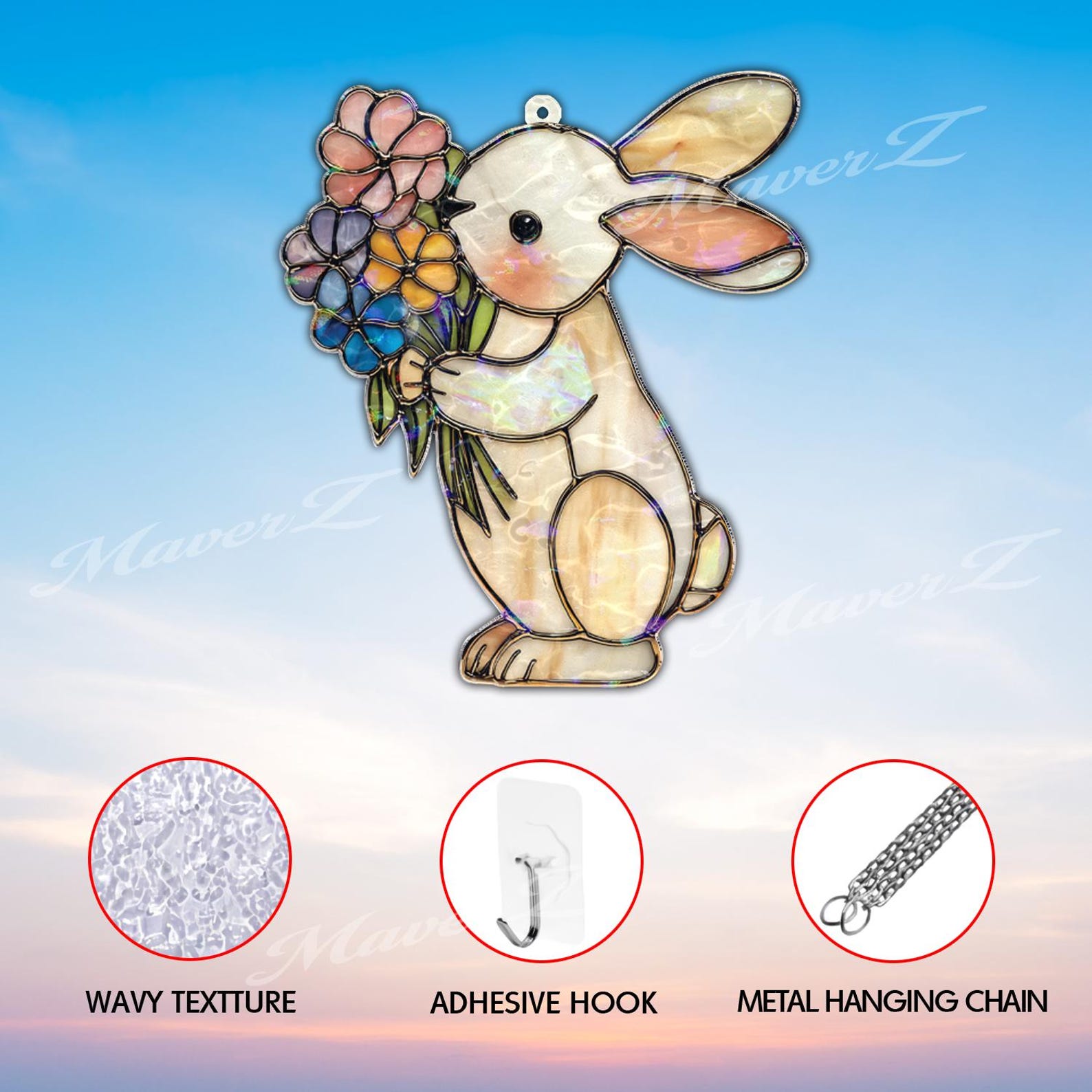 Bunny Acrylic Suncatcher, Cute Rabbit Window Hanging With Flowers ...