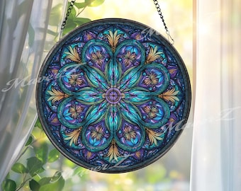 Mandala gebrandschilderd glas suncatcher, blauwe bloemen raamkunst, boho sun catcher, heilige geometrie glasdecor, meditatiecadeau, zen thuis