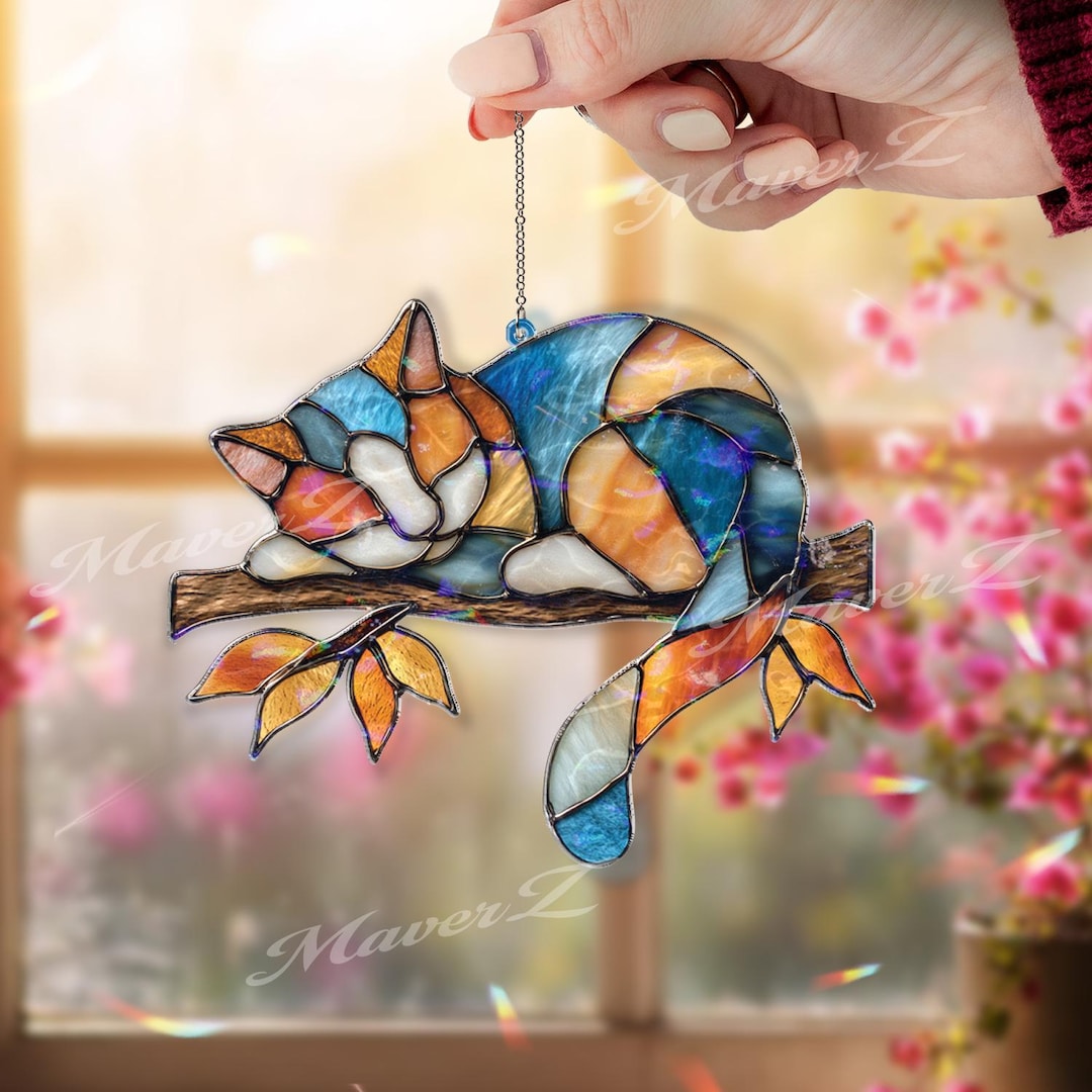 Sleeping Cat Acrylic Suncatcher, Stained Glass Style Cat Window Hanging ...
