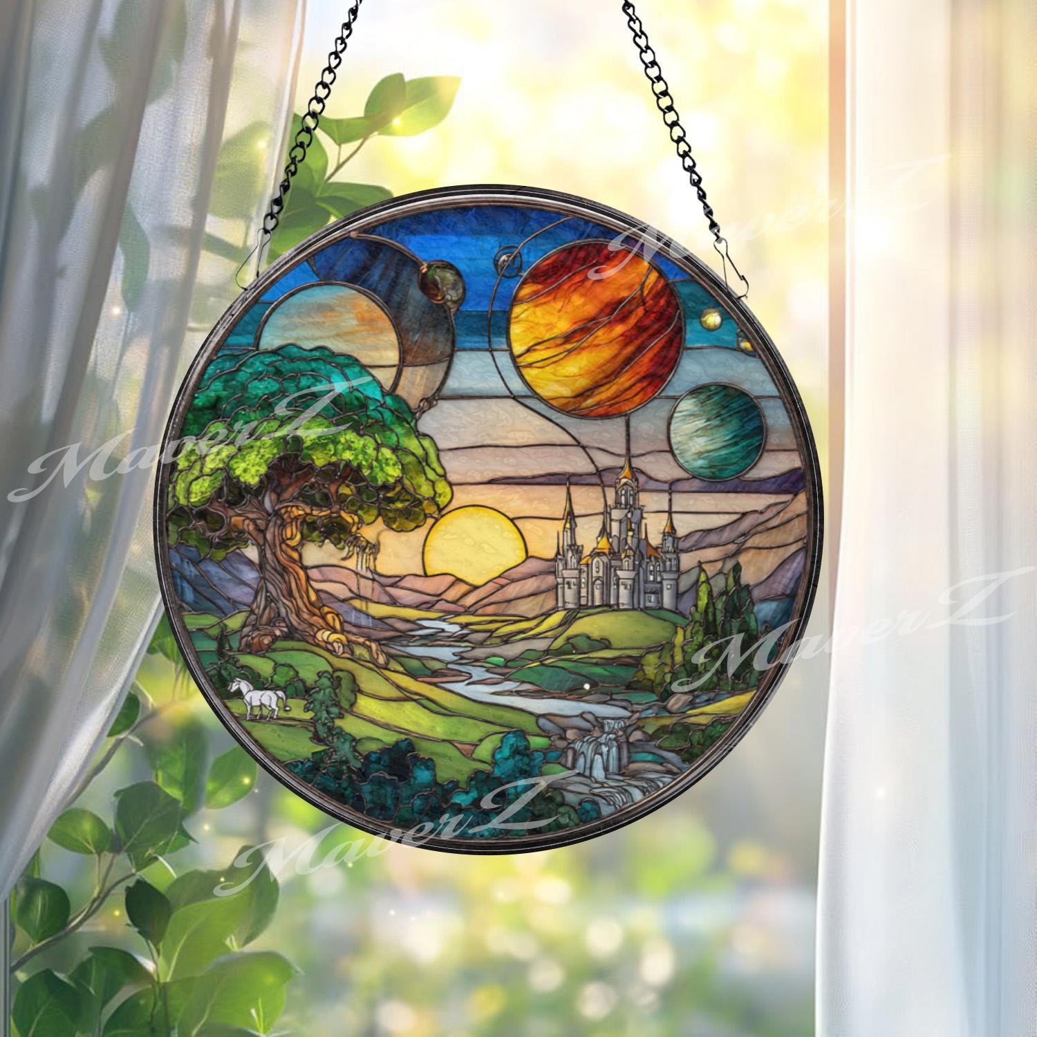 Fantasy Castle Stained Glass Suncatcher, Celestial Landscape