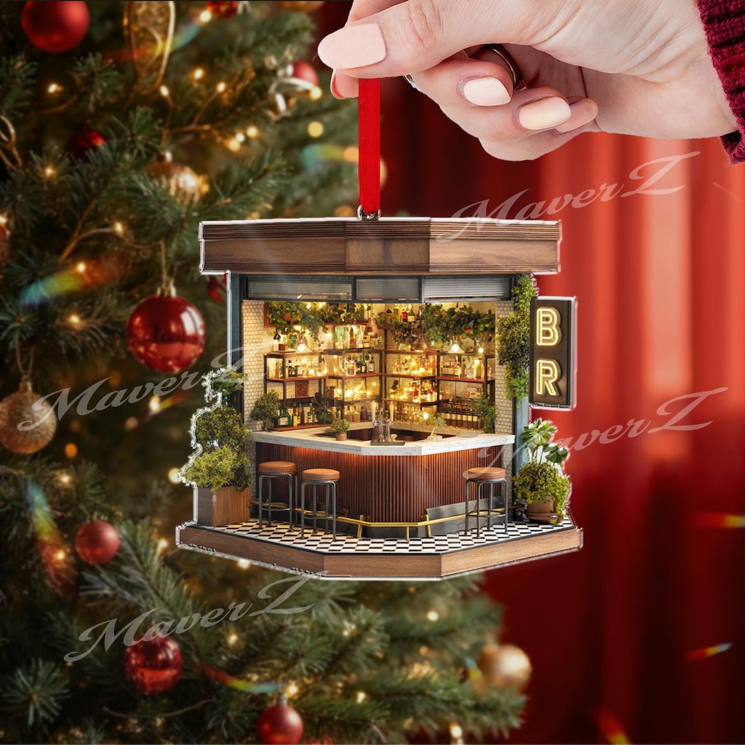Mini Bar Christmas Ornament, 2D Cozy Cocktail Bar Decor, Vintage Pub ...