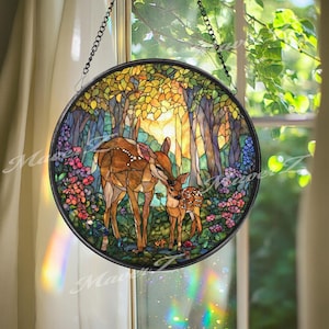 Hirsch und Rehkitz Buntglas Suncatcher, Waldtier Runde Fensterbehang, Buntes Waldmutter Baby Panel Dekor für Naturliebhaber