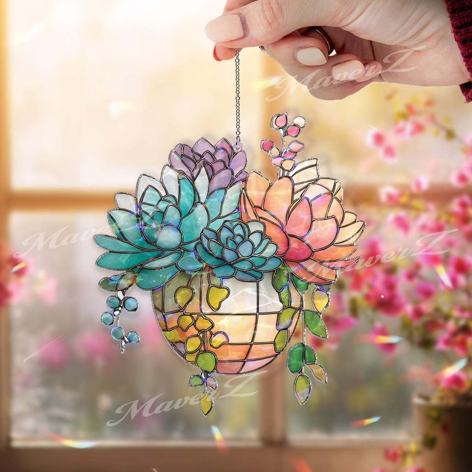 Succulent Acrylic Suncatcher Hanging Planter, Stained Glass Style Plant Window Hanging, Colorful Succulent Sun Catcher