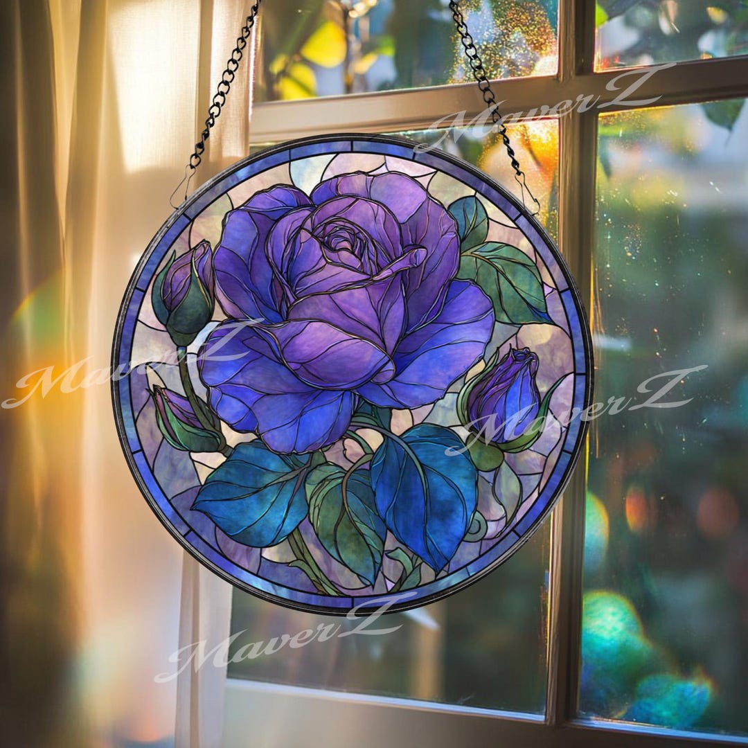 【ステンドグラス】- Azure Rose - Purple Rose Stained Glass Suncatcher, Round Floral Window Panel