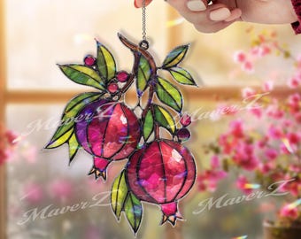 Pomegranate Acrylic Suncatcher, Fruit Window Hanging, Botanical Sun Catcher, Symbolic Fruit Decor, Nature Inspired Gift