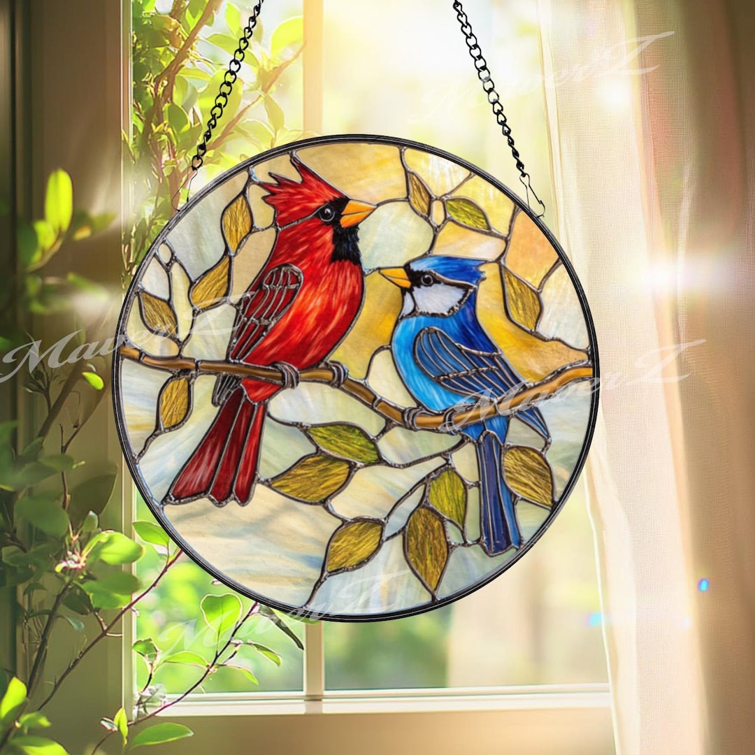 Cardinal and Blue Jay Stained Glass Suncatcher, Colorful Bird Window Hanging for Nature Lovers, Vibrant Floral Glass Panel, Mother's Day - 6 inches