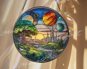 Stained Glass Art Divine Light カメルーン銀貨 Fantasy Castle Stained Glass Suncatcher, Celestial Landscape
