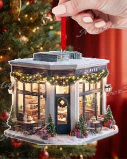 Christmas Coffee Shop Ornament, Cozy Winter Café Decor, Festive