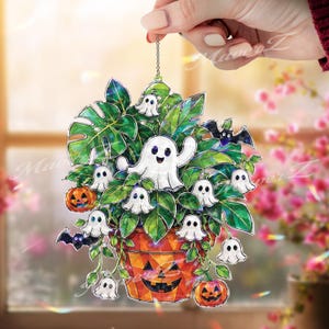 Attrape-soleil en acrylique personnalisé avec plante fantôme, pot de fleurs citrouille d'Halloween à suspendre à la fenêtre, décoration botanique mignonne et effrayante