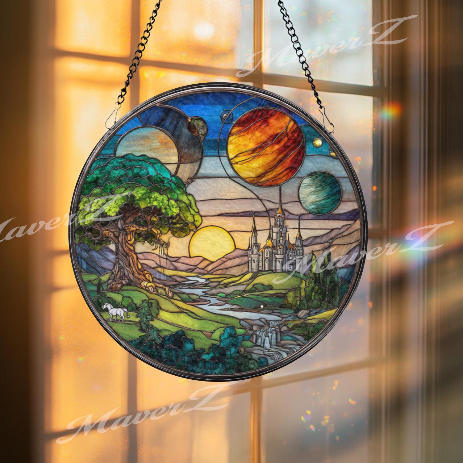 Stained Glass Art Divine Light カメルーン銀貨 Fantasy Castle Stained Glass Suncatcher, Celestial Landscape