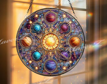 Solar System Stained Glass Suncatcher, Round Planet Window Panel