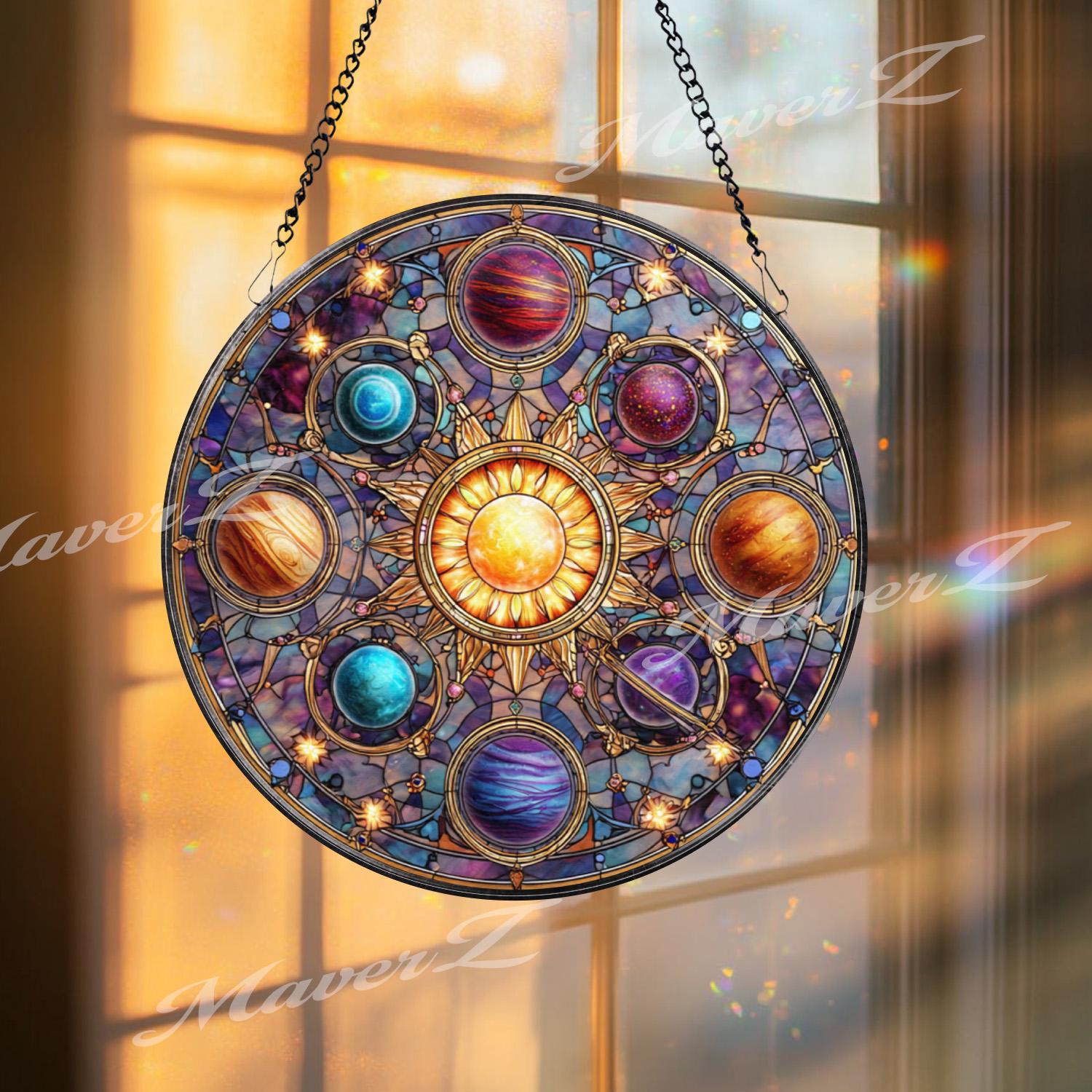 Solar System Stained Glass Suncatcher, Round Planet Window Panel