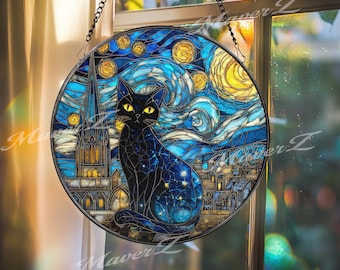 Black Cat Stained Glass Suncatcher, Starry Night Window Art, Celestial Sun Catcher, Gothic Glass Decor, Gift for Cat Lover, Moon Art