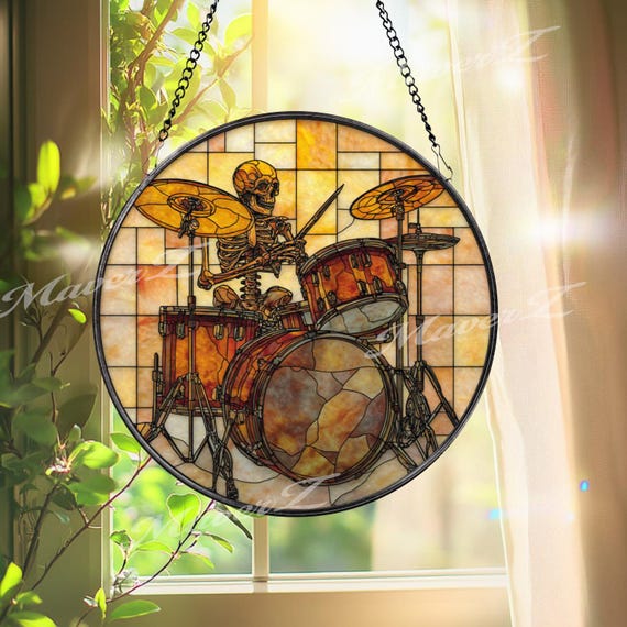 Skeleton Drummer Stained Glass Suncatcher, Round Musician Window