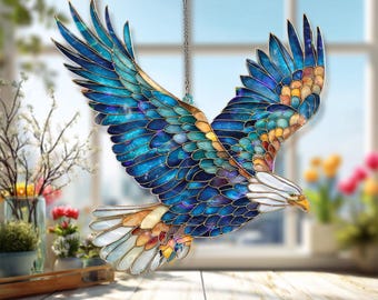 Bald Eagle Acrylic Suncatcher, Stained Glass Style Flying Eagle Window Hanging, Patriotic Wildlife Bird Decor for Home and Nature Lovers