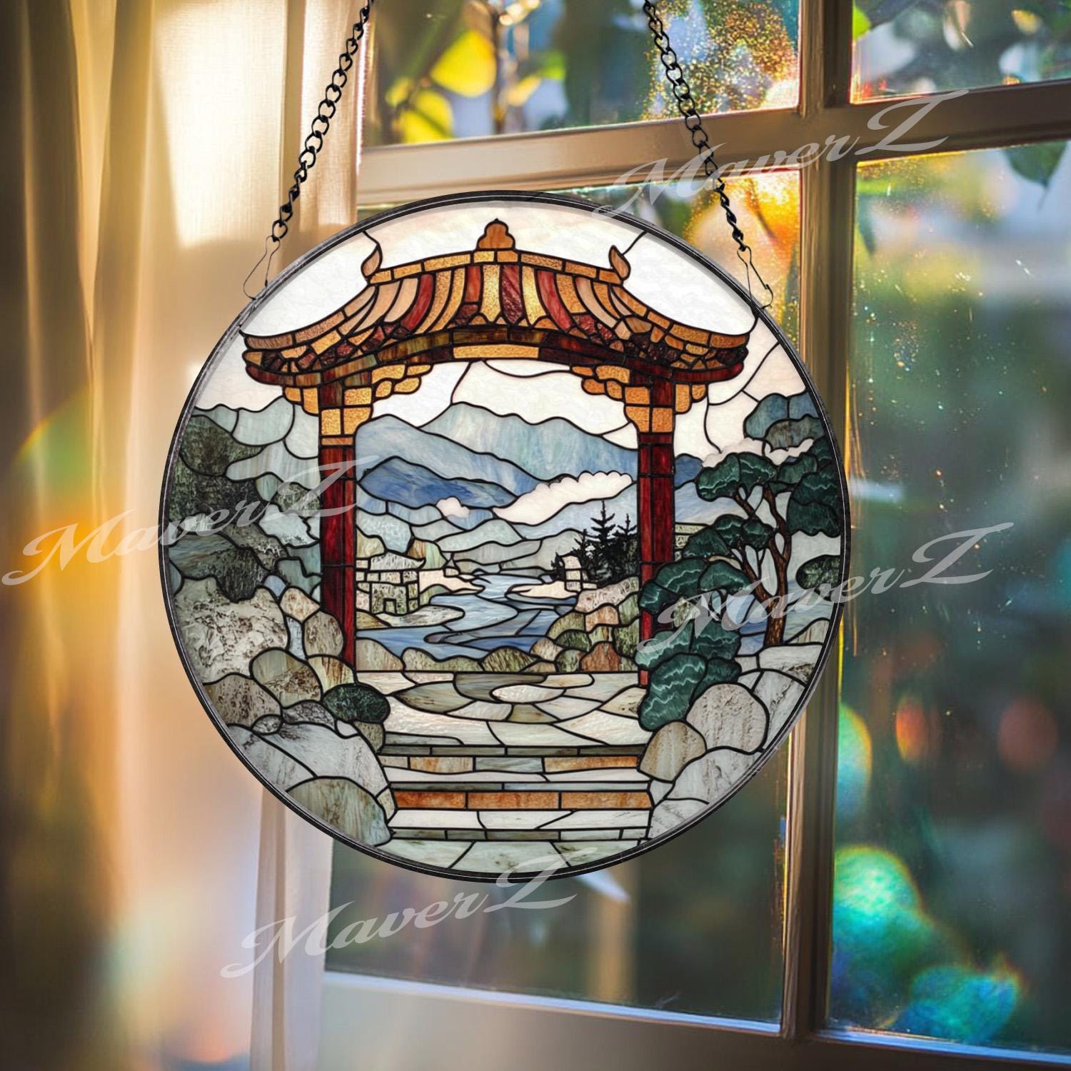 Torii Gate Suncatcher: Japanese Zen Garden Stained Glass Window