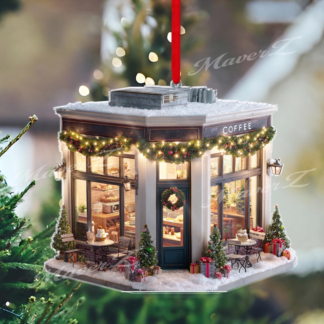 Christmas Coffee Shop Ornament, Cozy Winter Café Decor, Festive