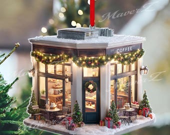 Christmas Coffee Shop Ornament, Cozy Winter Café Decor, Festive
